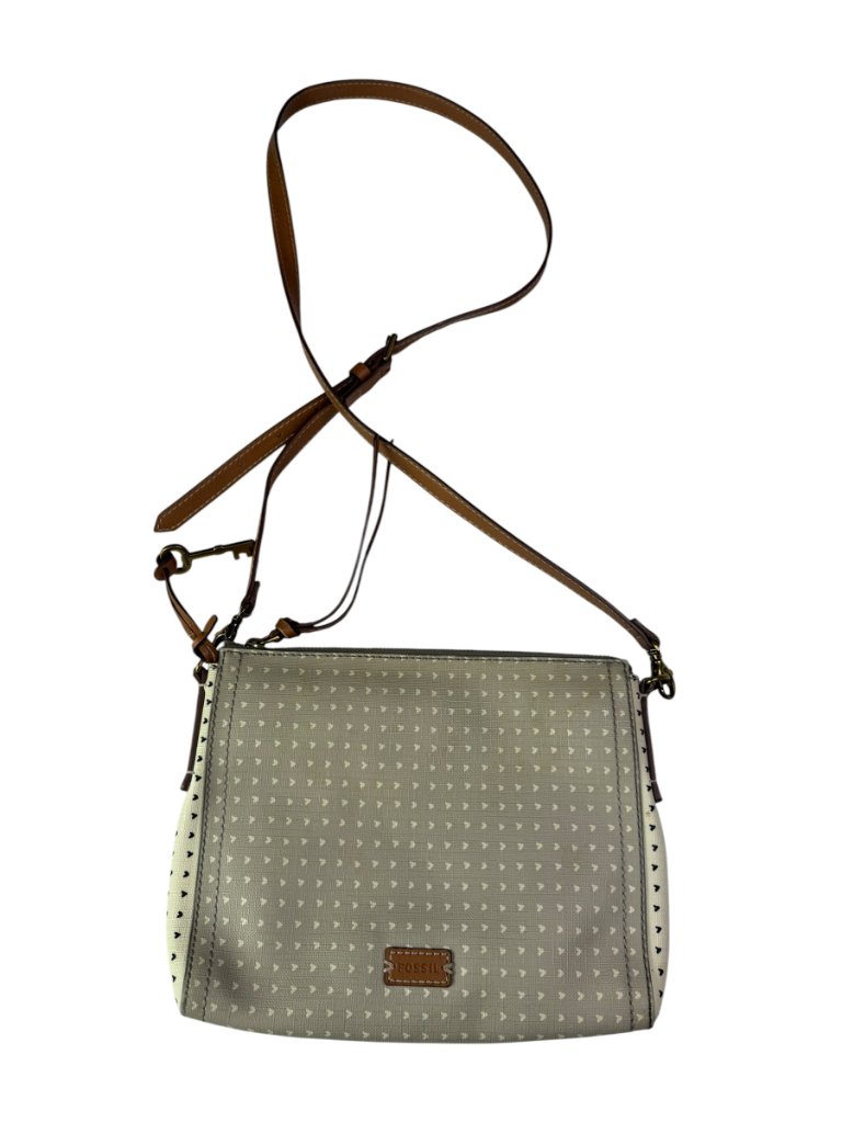 Fossil Cross Body Purse Bag With Adjustable Strap. Hearts. Tan / Beige. Brown